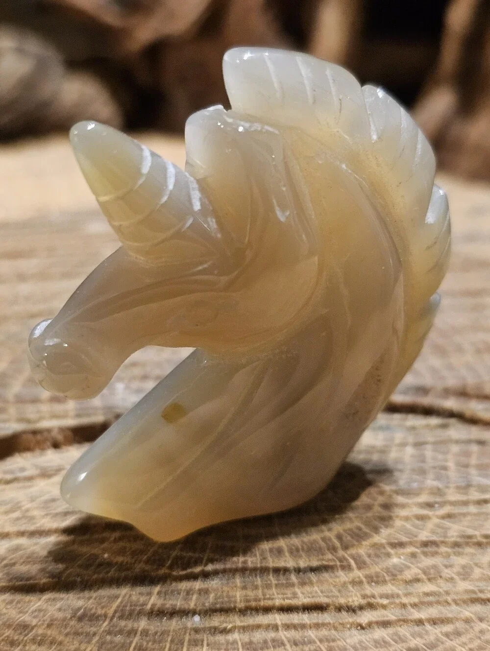 Carved Agate Unicorn Head Figurine in Semi-Translucent Beige With Druzy Crystal
